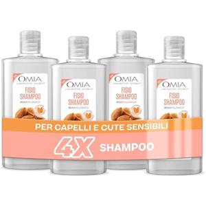 Omia Laboratori Ecobio Omia, Fisio Shampoo con Olio di Mandorla della Sicilia, per Capelli e Cute Sensibile, Formula Delicata, Shampoo per Lavaggi Frequenti, Senza Siliconi e SLES, 4 Flaconi da 200 ml