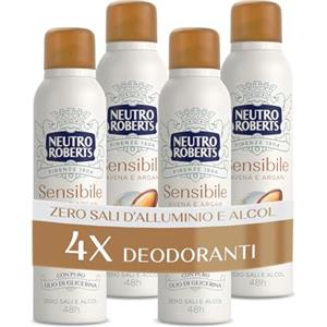 Neutro Roberts, Deodorante Spray Pelle Sensibile con Avena Lenitiva e Argan, Zero Sali di Alluminio, Zero Alcol, con Puro Olio di Glicerina, Dermatologicamente testato, 48h - 4 Pezzi da 150 ml