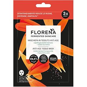 FLORENA Fermented Skincare Maschera viso in tessuto anti-age, Maschera viso tessuto con caprifoglio biofermentato e acido ialuronico, Maschera viso antirughe vegan