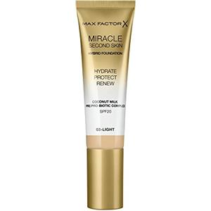 Max Factor Miracle Second Skin Fondotinta dal Finish Naturale, con Latte di Cocco Idratante e SPF 20, 03 Light