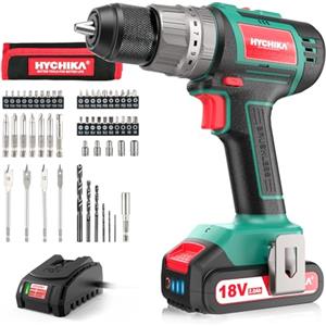 HYCHIKA BETTER TOOLS FOR BETTER LIFE Trapano Avvitatore Batteria 18V, HYCHIKA Brushless 60Nm Trapano a Percussione, 2.0Ah Batteries, 53 Accessori, Caricatore Rapido, 21+3 Coppie, 2 Velocità Variabile, 0-500/0-2000 RPM