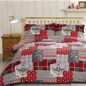 Rapport Home Alpine Patchwork - Set di biancheria da letto con copripiumino trapuntato e 2 federe copricuscino, in 100% flanella di cotone felpato, colore: rosso/multicolore, per letto matrimoniale