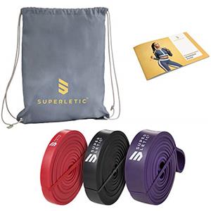 SUPERLETIC Powerband - Fasce Fitness, Pull-up e Allenamento di Resistenza, 5 Punti di Forza, Rosso, Nero, Viola, Verde e Blu, con Guida all'allenamento, Set da 3, Rosso, Nero, Viola