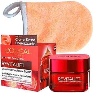 L'Oréal Paris Revitalift Crema Viso Rossa Energizzante Giorno Azione Profonda Anti-Rughe Formula con Pro-Retinolo e Ginseng Rosso Barattolo da 50ml + Guanto Struccante in Microfibra