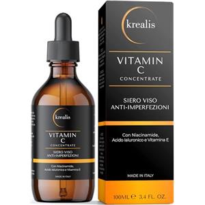 KREALIS -100ml- Siero Vitamina C Viso Acido Ialuronico con Niacinamide, Vitamina E, Aloe Bio, Antimacchia, Anti Imperfezioni, Siero Viso Contorno Occhi Antirughe E Occhiaie