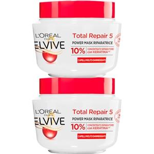 L'Oréal Paris Elvive Total Repair 5 Maschera Riparatrice per Capelli Molto Danneggiati Power Mask Concentrato Riparatore con 10% di Keratina ad Azione Rinforzante - 2 Barattoli da 300ml