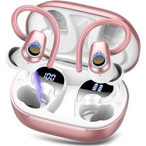 Poounur Cuffie Bluetooth Sport, 2024 Auricolari Bluetooth 5.3 Senza Fili con 4 Mic, 50 Ore Stereo Cuffie Wireless, IP7 Impermeabili Cuffiette Bluetooth, Auricolare Bluetooth con Ricarica Rapida USB-C, Rosa