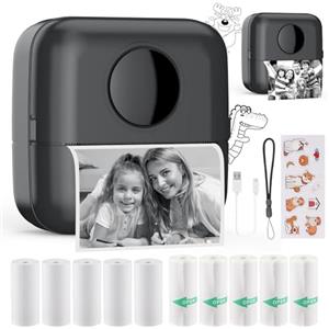 HuiJuKeJi Mini Stampante Fotografica,Stampante Termica,immagine per foto, stampa di ricevute,stampante fotografica,con 10 rotoli di carta 1 adesivo per smartphone, per Fotografica Note Elenco Memo (Black)