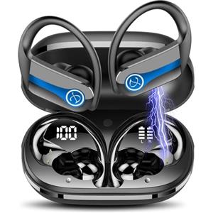 Btootos Cuffie Bluetooth Sport, Auricolari Bluetooth 5.3 con Mic Stereo, Cuffie Senza Fili con Ricarica Rapida USB-C, Cuffiette Bluetooth Doppio Display LED, Cuffie Wireless, Nero Blu