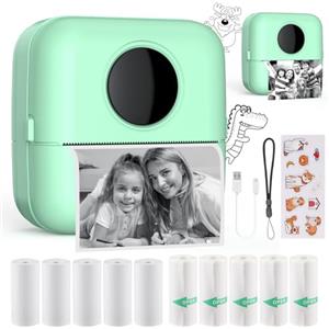 HuiJuKeJi Mini Stampante Fotografica,Stampante Termica,immagine per foto, stampa di ricevute,stampante fotografica,con 10 rotoli di carta 1 adesivo per smartphone, per Fotografica Note Elenco Memo (Green)