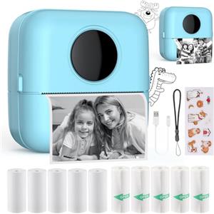 HuiJuKeJi Mini Stampante Fotografica,Stampante Termica,immagine per foto, stampa di ricevute,stampante fotografica,con 10 rotoli di carta 1 adesivo per smartphone, per Fotografica Note Elenco Memo (Blue)