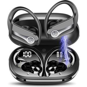 Btootos Cuffie Bluetooth Sport, Auricolari Bluetooth 5.3 con Mic Stereo Cuffie Senza Fili con Ricarica Rapida USB-C, Cuffiette Bluetooth Doppio Display LED, Cuffie Wireless, Nero