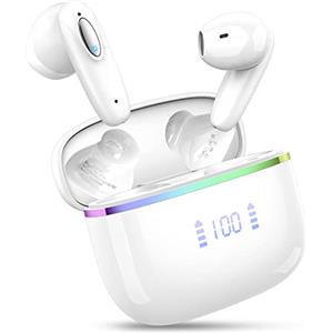 Ordtop Cuffie Bluetooth, 2024 Auricolari Bluetooth 5.3 con Stereo 3D Immersivo, Cuffie Wireless Cancellazione Rumore con 4 ENC Mic, 40 Ore Cuffie Senza Fili LED Display, Cuffiette Bluetooth USB-C, Bianco