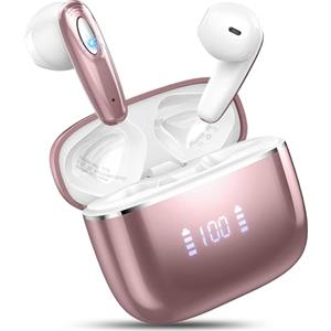 Ordtop Cuffie Bluetooth, 2024 Auricolari Bluetooth 5.3 con Stereo Immersivo, Cuffie Wireless Cancellazione Rumore con 4 ENC Mic, 40 Ore Cuffie Senza Fili LED Display, Cuffiette Bluetooth USB-C, Oro Rosa