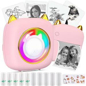 HuiJuKeJi Mini Stampante Fotografica,Stampante Termica,stampa di ricevute,stampante fotografica,con 10 rotoli di carta 1 adesivo per smartphone Fotografica Note Elenco Memo RGB rosa (Led Pink)