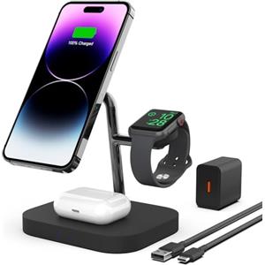 Boaraino Caricatore Wireless Magnetica, 3 in 1 Stazione di Ricarica Wireless Compatibile coniPhone 16/16 Pro/16 Pro Max /15/14/13/12, Apple Watch10/9/8/7/6/SE/5/4/3, AirPods 2/3/4/Pro