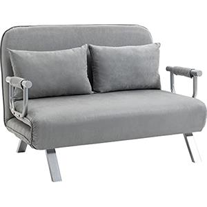 HOMCOM Divano Letto 2 Posti con Schienale Regolabile in 5 Livelli, Divano Letto Matrimoniale Pieghevole con 2 Cuscini per Soggiorno, in Finta Pelle Scamosciata e Acciaio, 111x80x78 cm, Grigio Chiaro