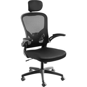 TecTake® Sedia da Ufficio Ergonomica, Schienale Alto con Poggiatesta Regolabile, Sedia Ufficio con Supporto Lombare, Altezza Regolabile, Braccioli Pieghevoli, Rivestimento in Tessuto a Rete - Nero