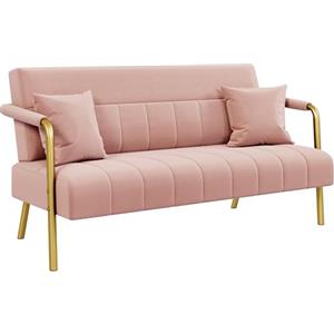 Yaheetech Divano Imbottito a 2 Posti in Velluto Divanetto da Salotto con Braccioli 143,5 cm × 71,5 cm × 75,5 cm Sofa Moderno con 2 Cuscini Divano per Soggiorno Camera da Letto Rosa