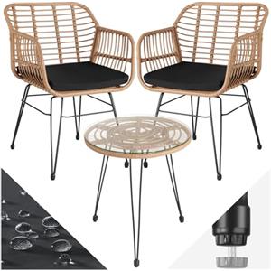 TecTake® Salottino in Rattan, Set da Balcone Elegante, 2 Sedie con Imbottitura e 1 Tavolo, Rivestimenti Idrorepellenti, Ideale per Terrazza e Giardino, Design Unico e Costruzione Stabile - Naturale