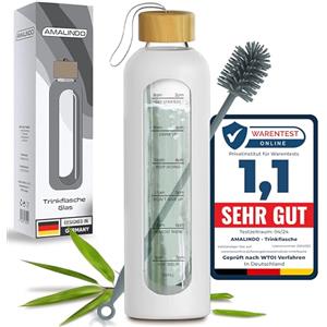 Amalindo Borraccia da 1 l, in vetro, 1 l, bottiglia di vetro da 1 l, bottiglia d'acqua in vetro borosilicato, 1 litro di borraccia con custodia in silicone e spazzola (senza BPA), colore bianco