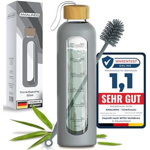 Amalindo Borraccia in vetro da 1 l, infrangibile (vetro borosilicato) - Bottiglia di vetro da 1 litro - Bottiglia d'acqua da riempire con custodia in silicone e spazzola - Water Bottle Glass