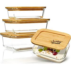 bambuswald© Set di Barattoli per Conserve in Vetro con Coperchio Ermetico, Ermetici e Impilabili, Forma Per il Forno, Portapranzo, Contenitore per Affettati, 4 Pezzi, 370ml 640ml 1040ml 1520ml