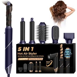 UKLISS Spazzola Asciugacapelli 5 in 1 Airstyler per Capelli Phon Capelli ad Asciugatura Rapida Arricciacapelli Spazzola per Capelli Ricci Lisci Bagnati Cofanetto Regalo Donna, Blu