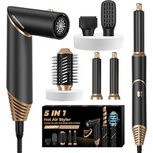 UKLISS Airstyler Spazzola Asciugacapelli Set 5 in 1 per Capelli Phon Capelli ad Asciugatura Rapida Arricciacapelli Spazzola Capelli Hairstyler Cofanetto Regalo Donna, Nero/Oro