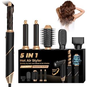 UKLISS Spazzola Asciugacapelli 5 in 1 Airstyler Ioni Arricciacapelli Spazzola ad Aria Calda Multistyler Hairstyler Phon Capelli Arricciacapelli Spazzola per Capelli Regalo Donne, Nero/Oro