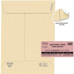 Pigna Buste a Sacco Multi Strip Large Avana 190x260 mm con Soffietti Laterali da 4 cm e Fondo a Invito - Confezione da 250 pezzi