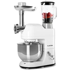 Klarstein Lucia Bianca - Robot da Cucina, Impastatrice, Planetaria con Tritacarne, 2000 W, 5 L, Mixer con Sistema Planetario, Ganci per Pasta, Shaker da 1,5 L, Velocità Regolabile, Bianco Fumo