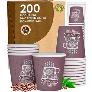 Baciato Caffè 200 Bicchierini in Carta da caffè 65ml CuzcoBrownCUP Bicchieri Ecologici Biodegradabili Monouso Piccoli Asporto Bevande Calde