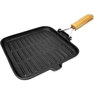 ToCis Big BBQ - Padella squadrata per BBQ e bistecche, in ghisa, con manico in legno pieghevole | Padella scanalata | Padella universale squadrata, 20