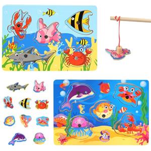 Vicloon Magnetico Giochi di Pesca per Bambini, 2Pcs Giochi Magnetici di Pesca in Legno, Giocattoli di Legno Gioco di Pesca, Giochi Montessori, Educativo Interattivi per Bambini Regalo 3 4 5 Anni