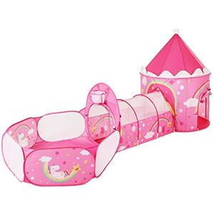 SONGMICS Tenda da Gioco 3 in 1, Tenda Pop Up per Bambini, con Casetta Tunnel e Piscina di Palline, a Tema Unicorno, Idea Regalo per Compleanno, Rosa LPT701P01