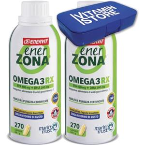 Enervit, Enerzona Omega 3 RX 270 x2 Capsule da 1g Senza Ritorno di Gusto, Integratore Omega 3 IFOS, Acidi Grassi per Cuore, Vista e Cervello, Olio di Pesce 1000mg Senza Glutine, Portapillole