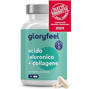 Gloryfeel Collagene e Acido Ialuronico Integratore 180 Capsule, + Vitamina C, Biotina, Zinco e Selenio, 1000mg Collagene Idrolizzato + 200mg Acido Ialuronico con Bambù & Silicio