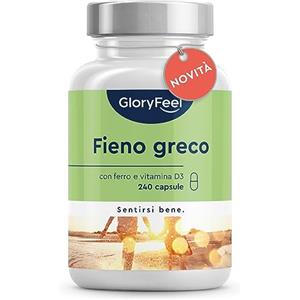 Gloryfeel Fieno Greco Integratore con Vitamina Ce Ferro, Fieno Greco 240 Capsule, Ad Alto Dosaggio con 2.400mg di Fenugreek per Dose Giornaliera, Fieno Greco Polvere in Capsule, Integratore Difese Immunitarie