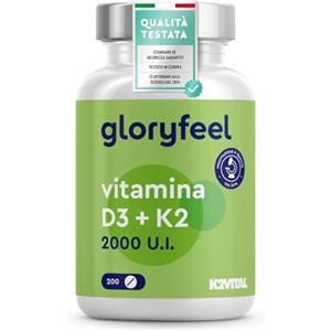 Gloryfeel Vitamina D3 K2, Vitamina D, Qualità Premium K2VITAL®, 200 Compresse, Vitamina D3 2000 UI + 100 µg Vitamina K, Supporta Ossa, Denti, Articolazioni e Sistema Immunitario, Formula Ottimale