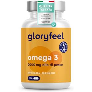 Gloryfeel Omega 3 2000mg ad alto dosaggio, con 1000mg EPA + 500mg DHA, Olio di Pesce Omega 3, 120 Capsule, in Forma Trigliceridi Riesterificati, Integratore Omega 3, Fonte di Acidi Grassi Essenziali