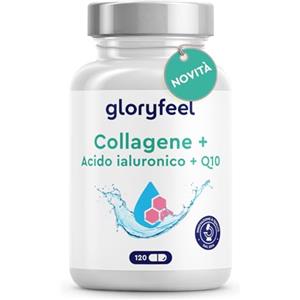 Gloryfeel Collagene + Acido Ialuronico + Coenzima Q10, Integratore Pelle, Unghie e Capelli, Integratore Collagene Puro 120 Capsule, Con Vitamine e Minerali, Scorta di 4 Mesi