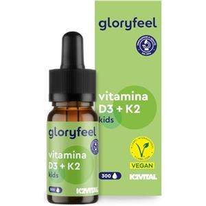 Gloryfeel Vitamina D3 K2 Gocce, Integratore 500 U.I. vegetale da Licheni + 25µg Vitamina K, 10 ml (10 Mesi), Vitamin D Vegan +K2, Vitamine per Bambini a partire da 4 Anni