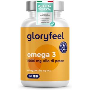 Gloryfeel Omega 3 2000mg, Olio di Pesce 260 Capsule, 660 EPA + 440mg DHA, Omega 3 ad Alto Dosaggio e ad Alta Biodisponibilità, Fonte di Acidi Grassi Essenziali Omega 3, Fish Oil, Integratore Omega 3