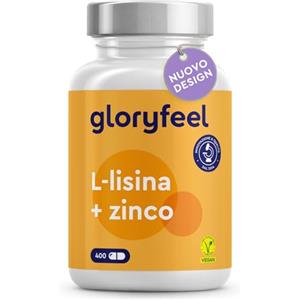 Gloryfeel L-Lisina, 400 Capsule, 1.000 mg di L-lisina + Zinco 1,5 mg per Dose Giornaliera, da Fermentazione Vegetale, Vegana, ad Alto Dosaggio, Senza Additivi, Prodotta e Testata in Laboratorio in Germania