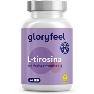 Gloryfeel Tirosina Integratore, L-Tirosina in 365 Capsule per 6 Mesi di Scorta, Con Niacina e Vitamina B12, Integratore Ad Alto Dosaggio, 100% Vegan e Senza additivi, Testato in Laboratorio