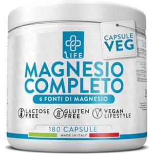 +LIFE Magnesio Completo Capsule 180 PiuLife® 6 Fonti Con Magnesio Bisglicinato, Citrato, Pidolato, Magnesio Organico, Integratore Muscoli, Sistema Nervoso, Stress, Ossa, Integratore Magnesio Per Dormire