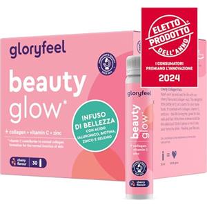 Gloryfeel Collagene da Bere Beauty Glow, con Acido Ialuronico, Biotina, Vitamina C, Pappa Reale, 30 Ampolle, 2500mg Peptidi Collagene Premium, Materia Prima VERISOL®, Salute e Bellezza di Pelle Capelli Unghie