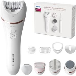 Philips Beauty Set Series 9000, All-In-One epilatore per corpo, viso e piedi, dispositivo Wet & Dry cordless per l'epilazione e la cura della pelle con 12 accessori, modello BRE740/90