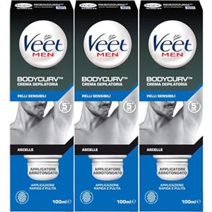 Veet For Men Crema Depilatoria Ascelle Uomo per Pelli Sensibili Rimuove Peli in 5 Minuti Formula Dermatologicamente Testata - 3 Flaconi da 100ml